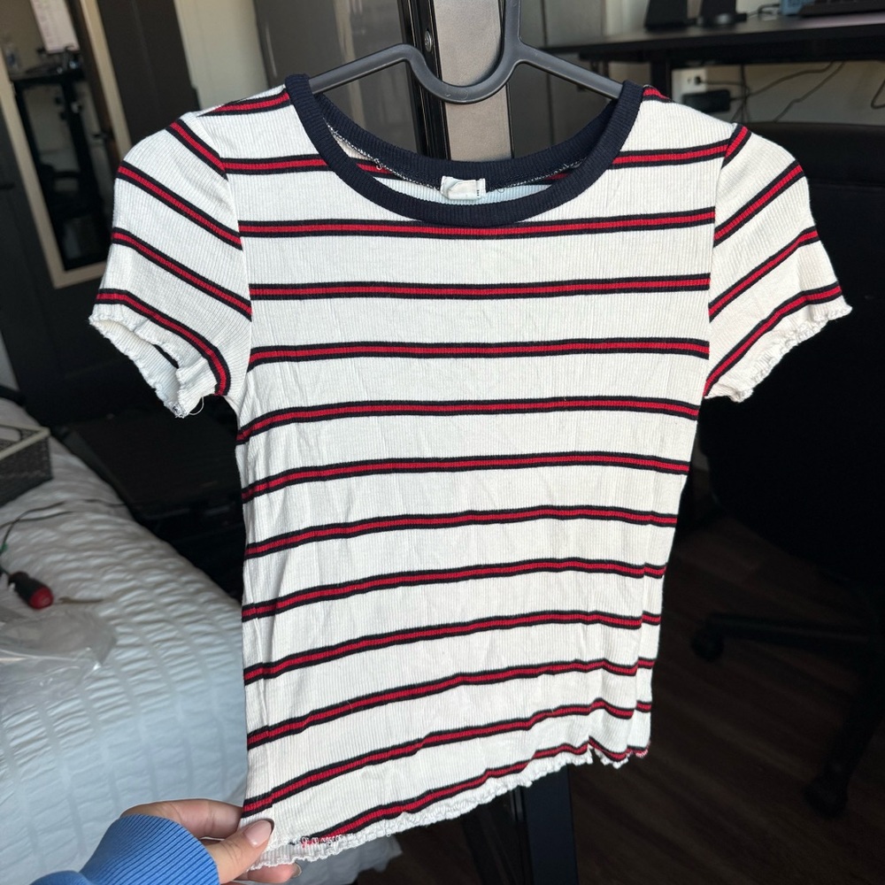 Garage Striped Women's baby tee - Red, White, and navy